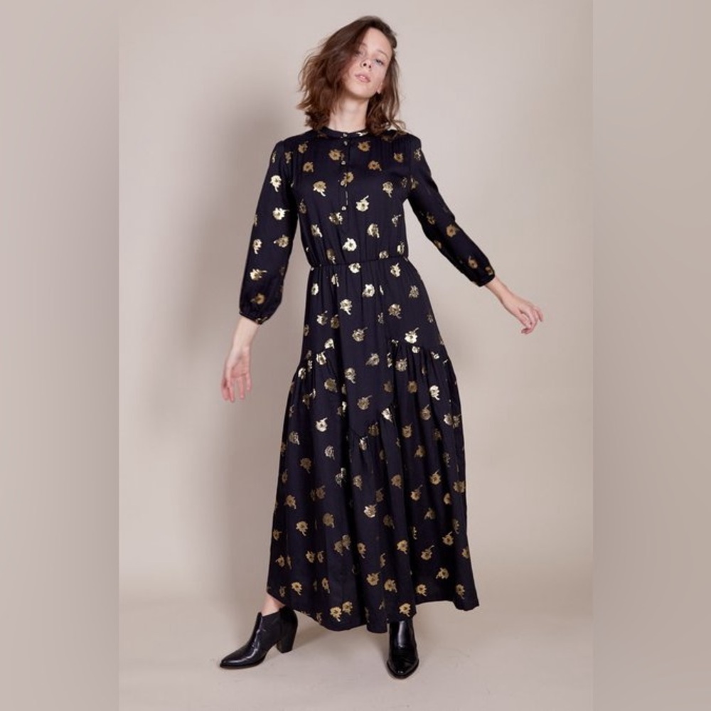 Warm NY / Ladyland black metallic gold floral long sleeve Maxi Dress 2 medium M